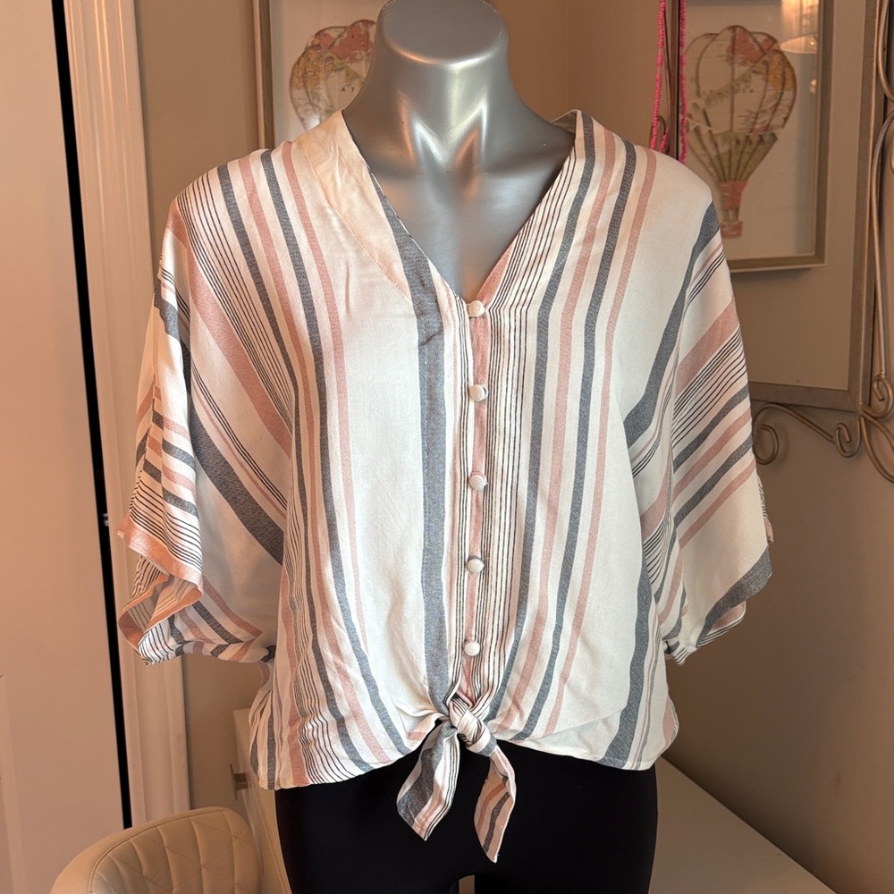 Spring Top Elegant Striped Tie-Front Blouse